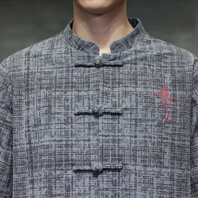 Buddha Stones Chemise d'été décontractée à col mandarin et boutons brandebourg, manches courtes, unie, pour homme - image 7