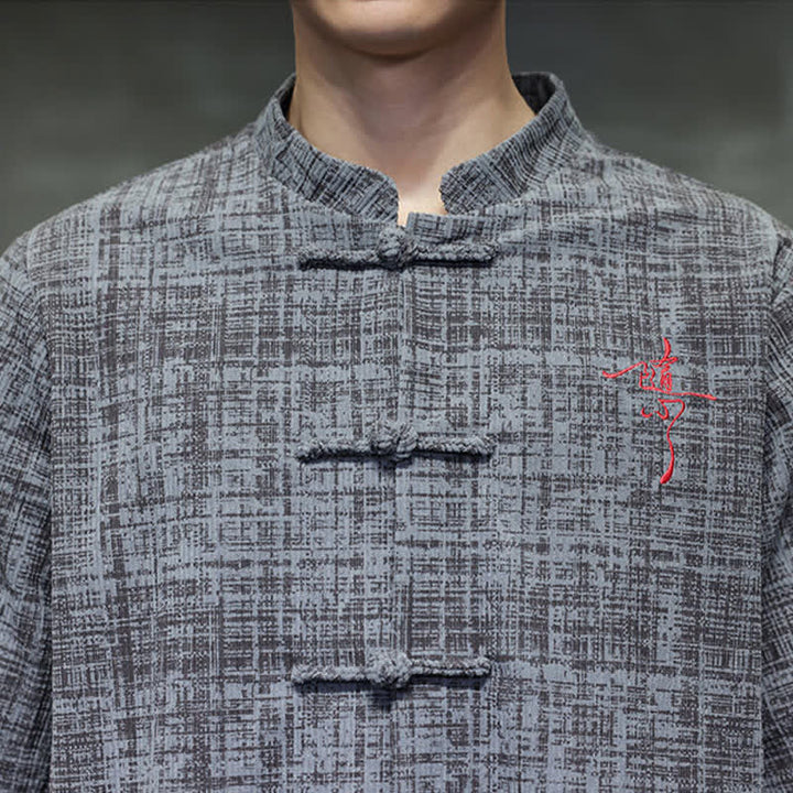 Buddha Stones Chemise d'été décontractée à col mandarin et boutons brandebourg, manches courtes, unie, pour homme - image 7