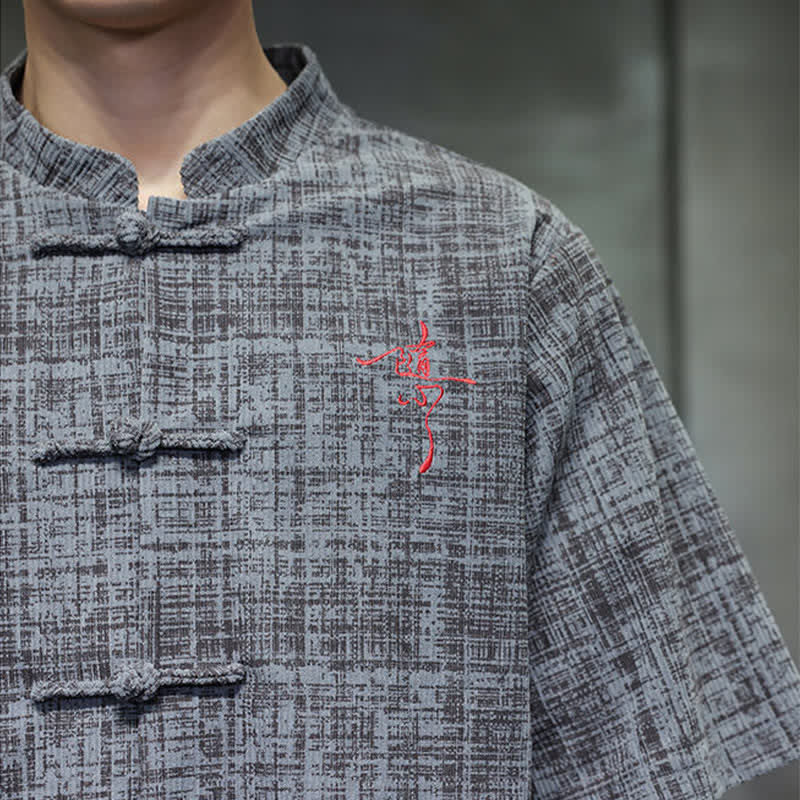 Buddha Stones Chemise d'été décontractée à col mandarin et boutons brandebourg, manches courtes, unie, pour homme - image 8