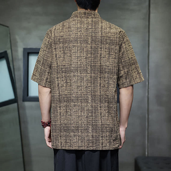 Buddha Stones Chemise d'été décontractée à col mandarin et boutons brandebourg, manches courtes, unie, pour homme - image 12