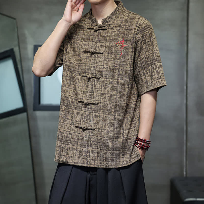 Buddha Stones Chemise d'été décontractée à col mandarin et boutons brandebourg, manches courtes, unie, pour homme - image 14