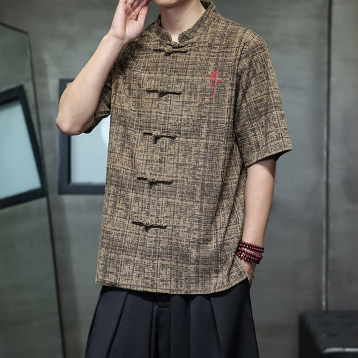 Buddha Stones Chemise d'été décontractée à col mandarin et boutons brandebourg, manches courtes, unie, pour homme - image 14