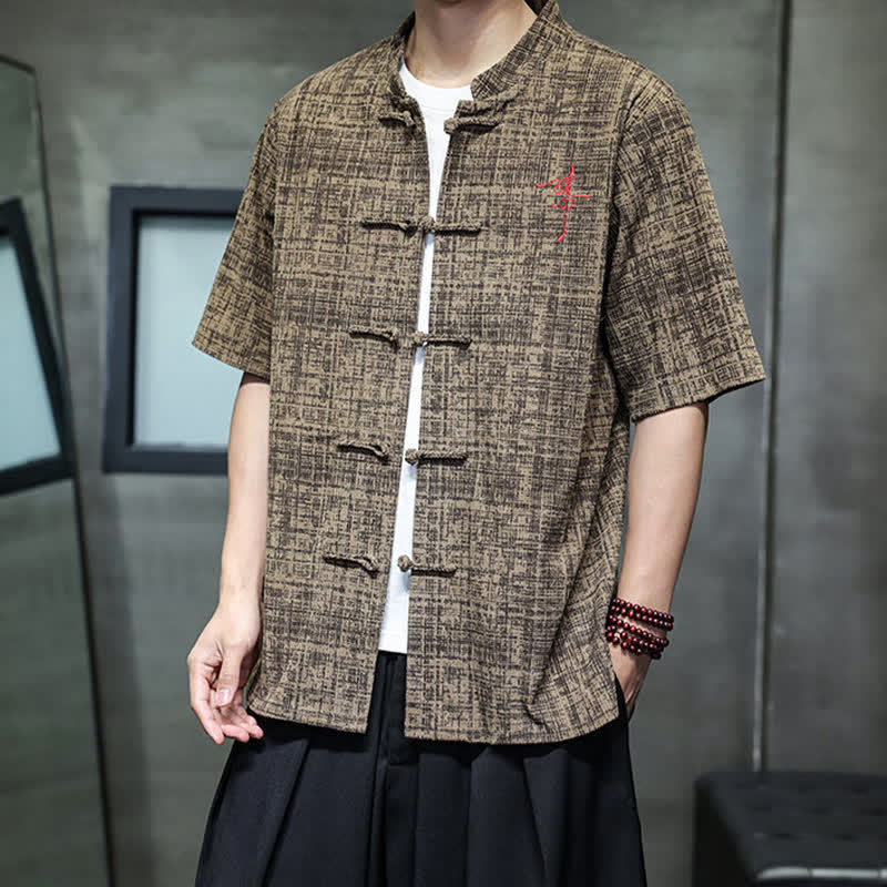 Buddha Stones Chemise d'été décontractée à col mandarin et boutons brandebourg, manches courtes, unie, pour homme - image 15