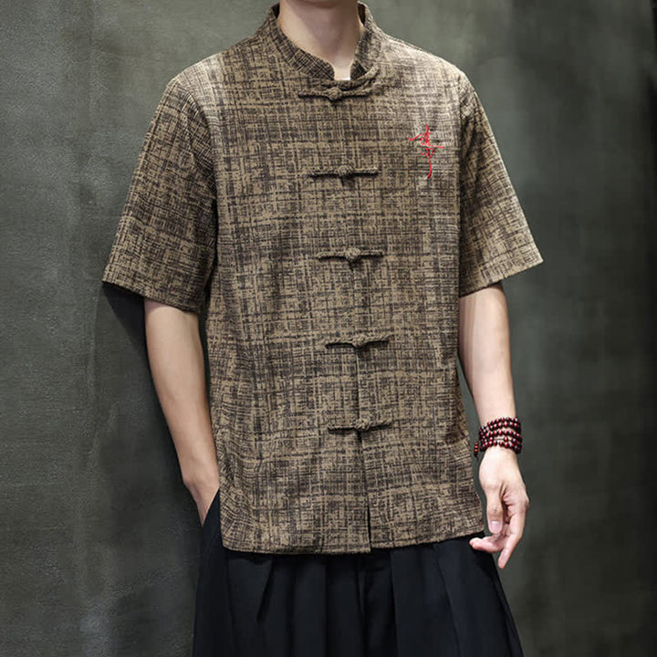 Buddha Stones Chemise d'été décontractée à col mandarin et boutons brandebourg, manches courtes, unie, pour homme - image 13