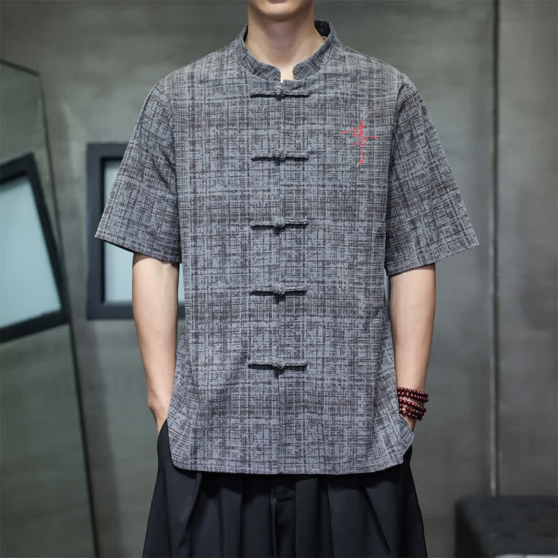 Buddha Stones Chemise d'été décontractée à col mandarin et boutons brandebourg, manches courtes, unie, pour homme - image 1