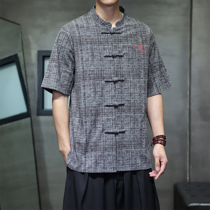 Buddha Stones Chemise d'été décontractée à col mandarin et boutons brandebourg, manches courtes, unie, pour homme - image 3