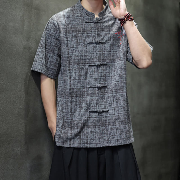 Buddha Stones Chemise d'été décontractée à col mandarin et boutons brandebourg, manches courtes, unie, pour homme - image 4