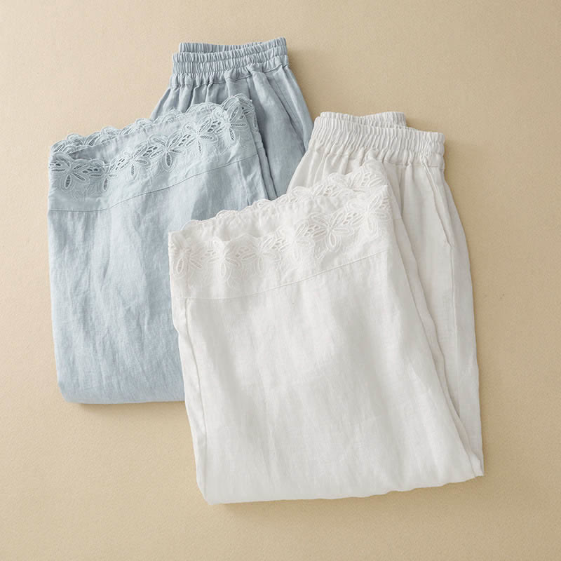 Buddha Stones Pantalon d'été court en lin et coton pour femme, jambes larges et poches - image 13