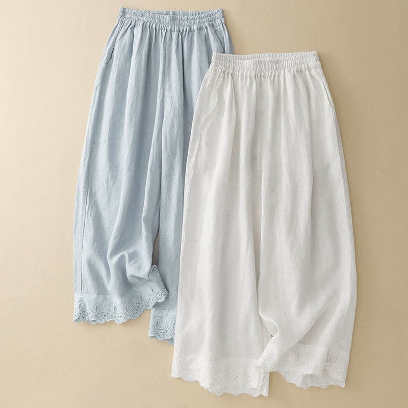 Buddha Stones Pantalon d'été court en lin et coton pour femme, jambes larges et poches - image 12