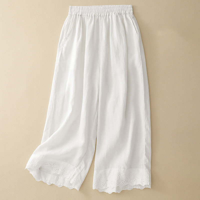 Buddha Stones Pantalon d'été court en lin et coton pour femme, jambes larges et poches - Blanc - US8-10，UK/AU12-14，EU40-42 (2XL) - image 3