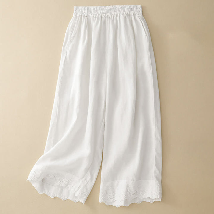 Buddha Stones Pantalon d'été court en lin et coton pour femme, jambes larges et poches - Blanc - US8-10，UK/AU12-14，EU40-42 (2XL) - image 3
