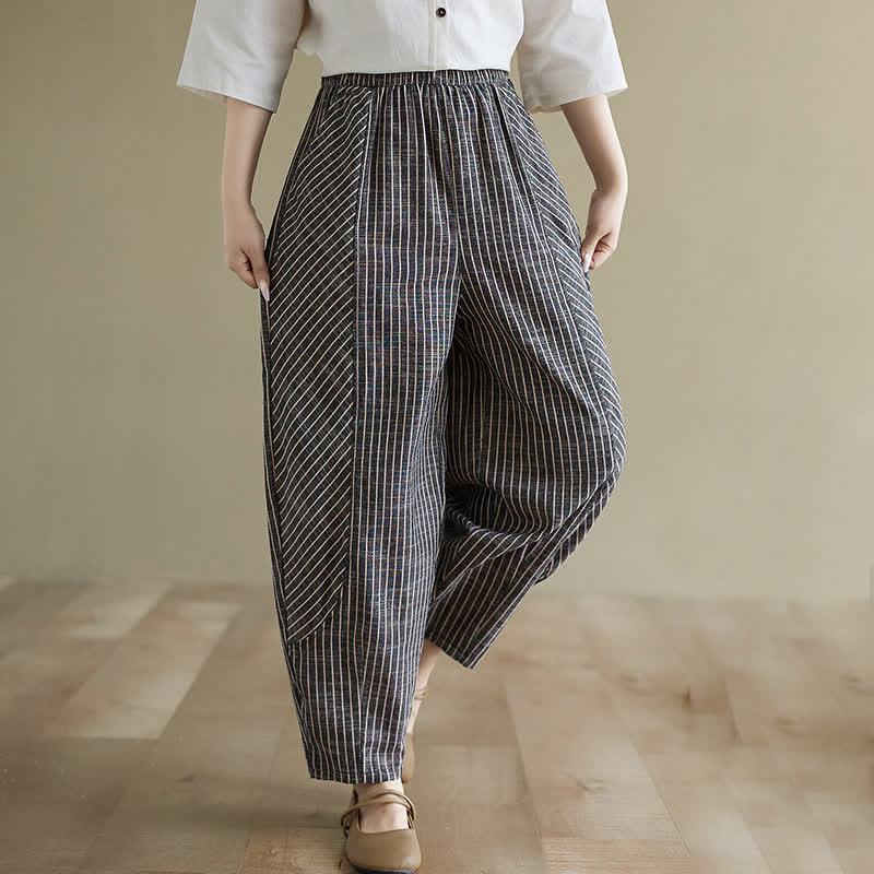 Buddha Stones Pantalon d'été décontracté à rayures en lin et coton pour femme, coupe fuselée, avec poches - image 3
