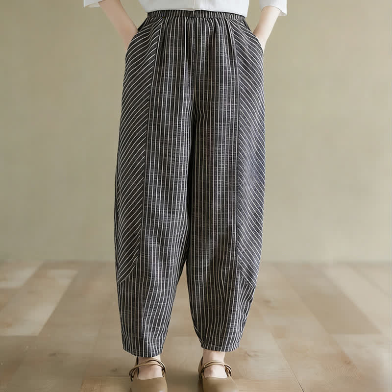 Buddha Stones Pantalon d'été décontracté à rayures en lin et coton pour femme, coupe fuselée, avec poches - image 2