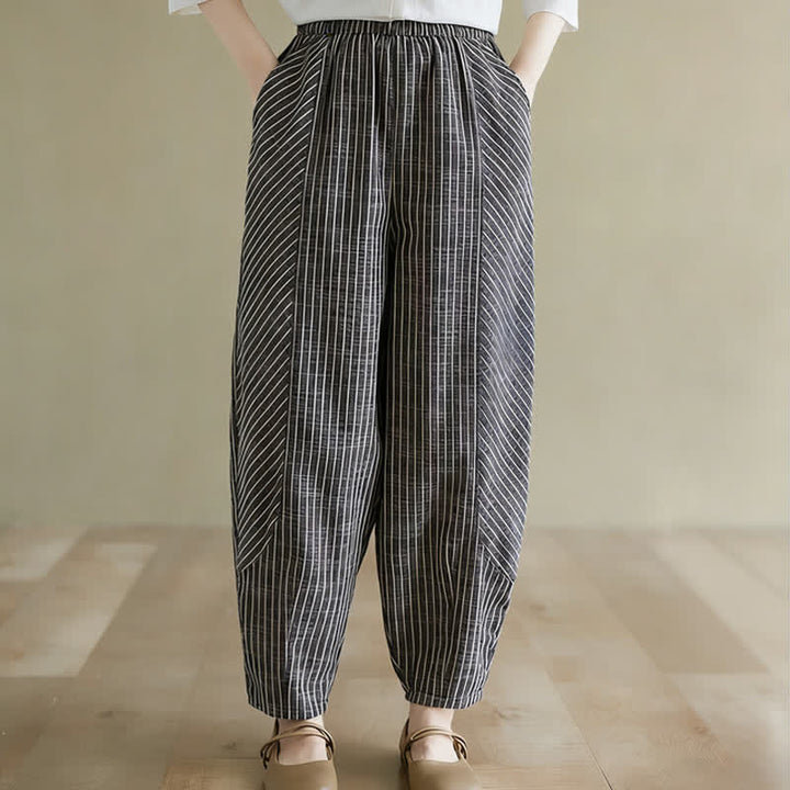 Buddha Stones Pantalon d'été décontracté à rayures en lin et coton pour femme, coupe fuselée, avec poches - image 2