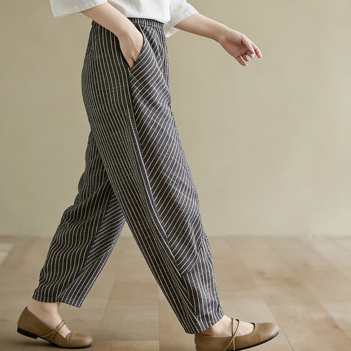 Buddha Stones Pantalon d'été décontracté à rayures en lin et coton pour femme, coupe fuselée, avec poches - image 1