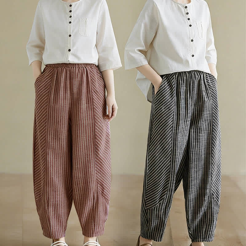 Buddha Stones Pantalon d'été décontracté à rayures en lin et coton pour femme, coupe fuselée, avec poches - image 17