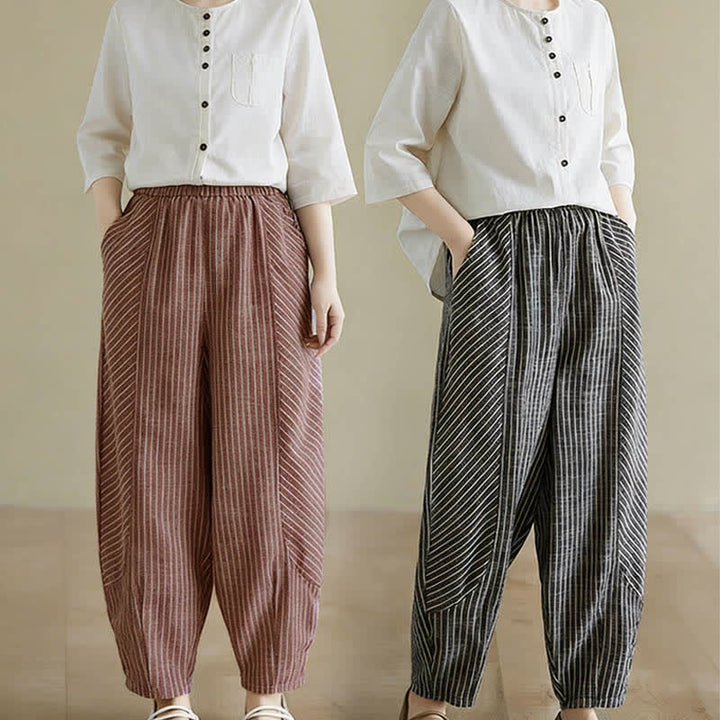 Buddha Stones Pantalon d'été décontracté à rayures en lin et coton pour femme, coupe fuselée, avec poches - image 17