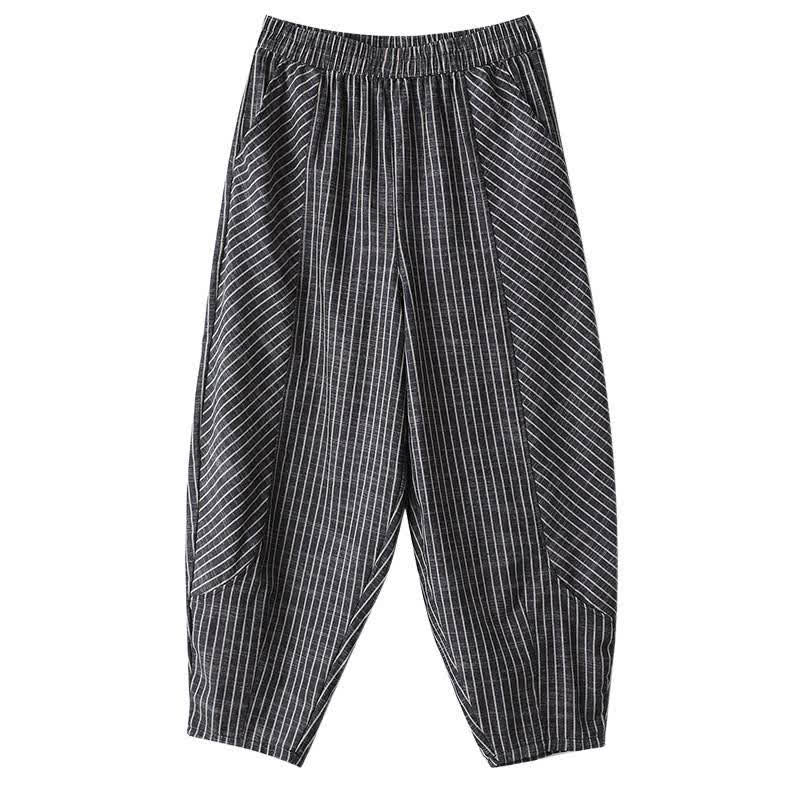 Buddha Stones Pantalon d'été décontracté à rayures en lin et coton pour femme, coupe fuselée, avec poches - image 9
