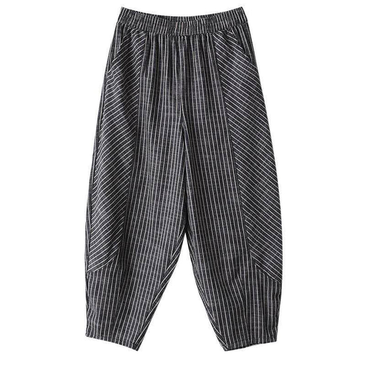 Buddha Stones Pantalon d'été décontracté à rayures en lin et coton pour femme, coupe fuselée, avec poches - image 9