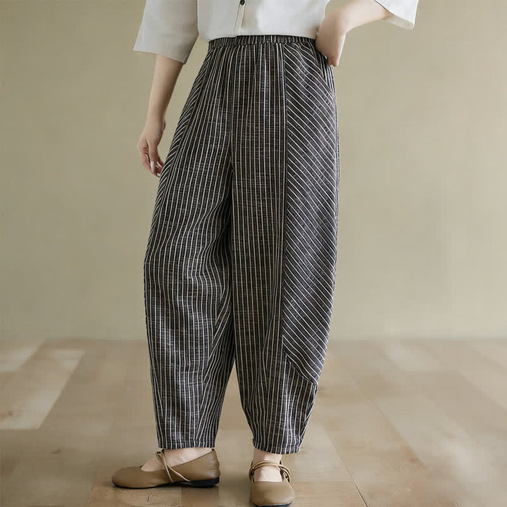 Buddha Stones Pantalon d'été décontracté à rayures en lin et coton pour femme, coupe fuselée, avec poches - image 4