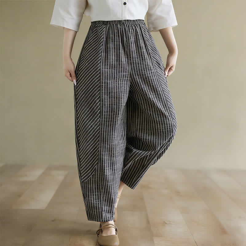 Buddha Stones Pantalon d'été décontracté à rayures en lin et coton pour femme, coupe fuselée, avec poches - image 5