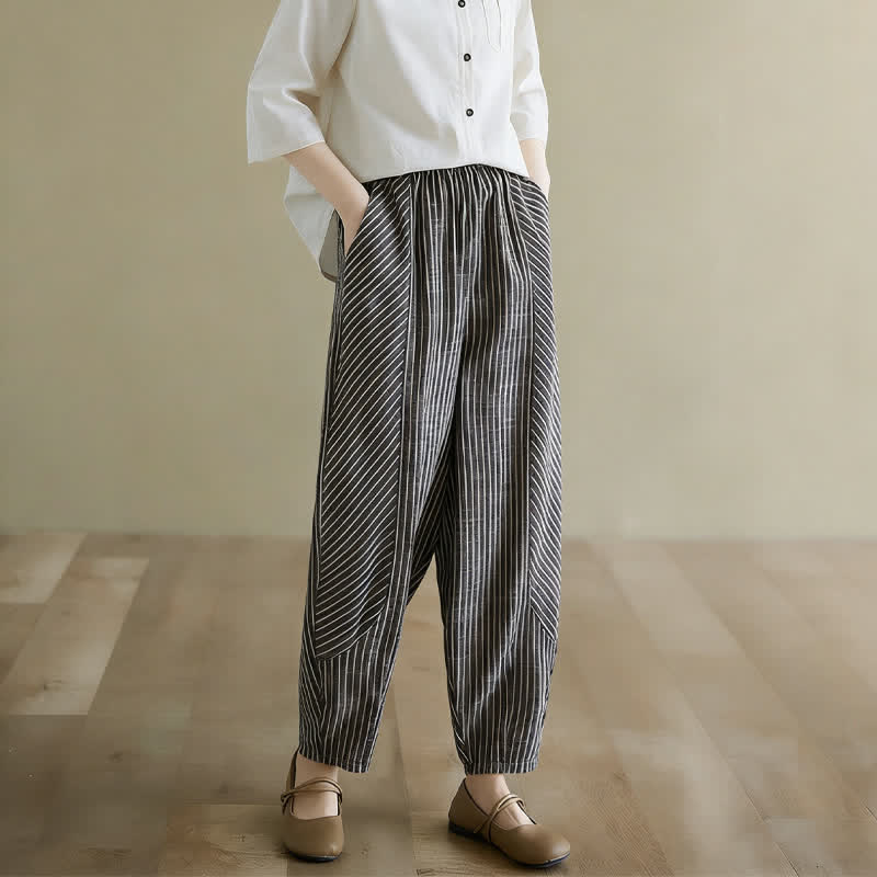 Buddha Stones Pantalon d'été décontracté à rayures en lin et coton pour femme, coupe fuselée, avec poches - Noir - US8-10，UK/AU12-14，EU40-42 (2XL) - image 0