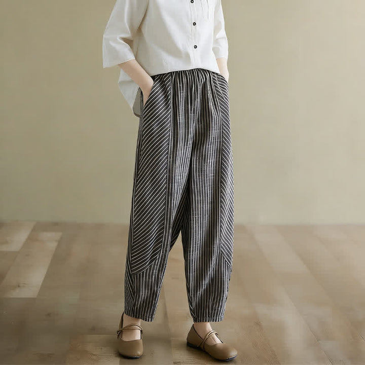 Buddha Stones Pantalon d'été décontracté à rayures en lin et coton pour femme, coupe fuselée, avec poches - Noir - US8-10，UK/AU12-14，EU40-42 (2XL) - image 0