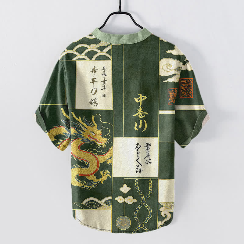Buddha Stones Chemise à manches courtes pour homme en coton avec emblème de vague de nuage de dragon doré et demi-boutonnage - image 1
