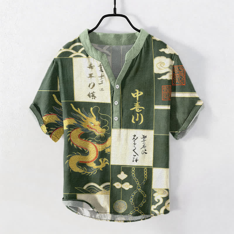 Buddha Stones Chemise à manches courtes pour homme en coton avec emblème de vague de nuage de dragon doré et demi-boutonnage - Vert d'eau - US/UK/AU50，EU60 (5XL) - image 0
