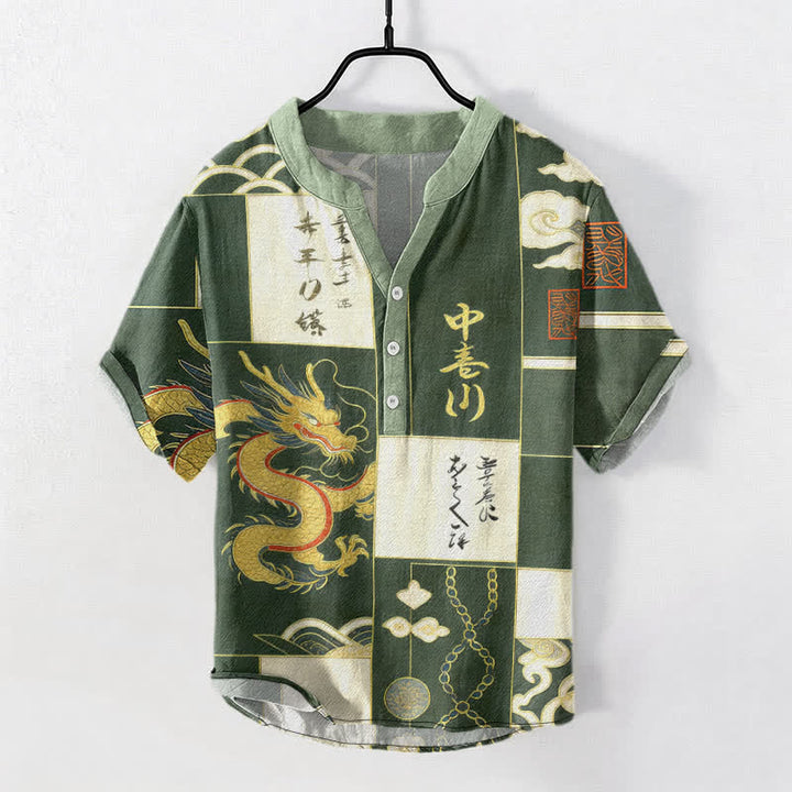 Buddha Stones Chemise à manches courtes pour homme en coton avec emblème de vague de nuage de dragon doré et demi-boutonnage - Vert d'eau - US/UK/AU50，EU60 (5XL) - image 0