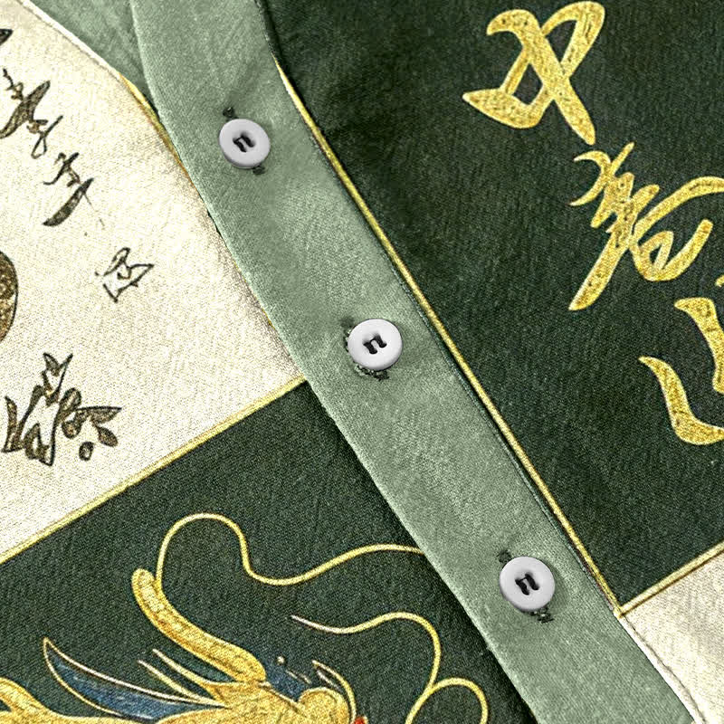 Buddha Stones Chemise à manches courtes pour homme en coton avec emblème de vague de nuage de dragon doré et demi-boutonnage - image 3