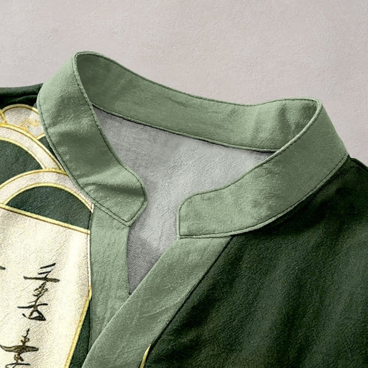 Buddha Stones Chemise à manches courtes pour homme en coton avec emblème de vague de nuage de dragon doré et demi-boutonnage - image 2