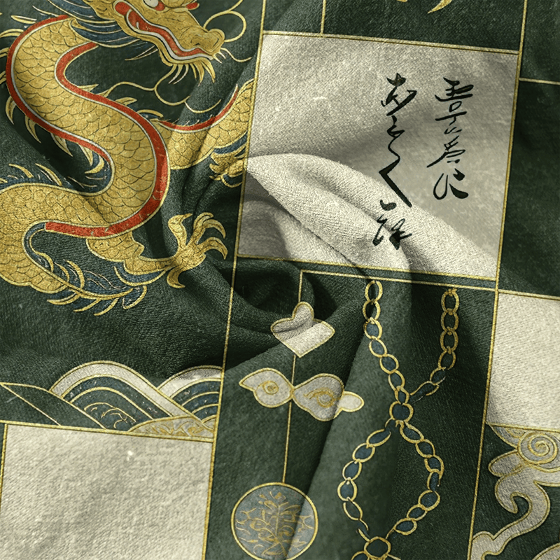 Buddha Stones Chemise à manches courtes pour homme en coton avec emblème de vague de nuage de dragon doré et demi-boutonnage - image 4