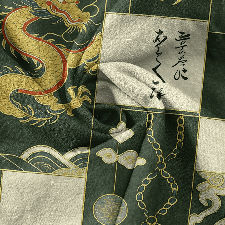Buddha Stones Chemise à manches courtes pour homme en coton avec emblème de vague de nuage de dragon doré et demi-boutonnage - image 4
