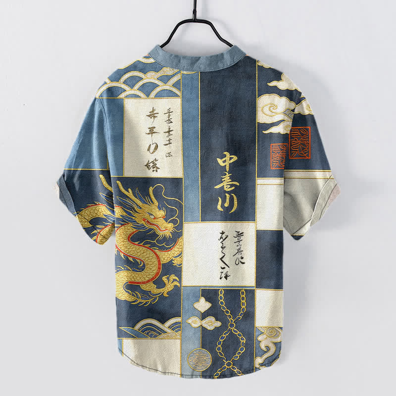 Buddha Stones Chemise à manches courtes pour homme en coton avec emblème de vague de nuage de dragon doré et demi-boutonnage - image 6