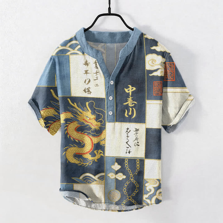 Buddha Stones Chemise à manches courtes pour homme en coton avec emblème de vague de nuage de dragon doré et demi-boutonnage - SteelBlue - US/UK/AU50，EU60 (5XL) - image 5