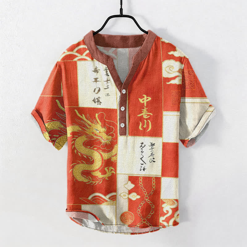 Buddha Stones Chemise à manches courtes pour homme en coton avec emblème de vague de nuage de dragon doré et demi-boutonnage - OrangeRouge - US/UK/AU50，EU60 (5XL) - image 7