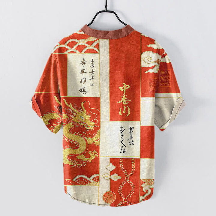Buddha Stones Chemise à manches courtes pour homme en coton avec emblème de vague de nuage de dragon doré et demi-boutonnage - image 8