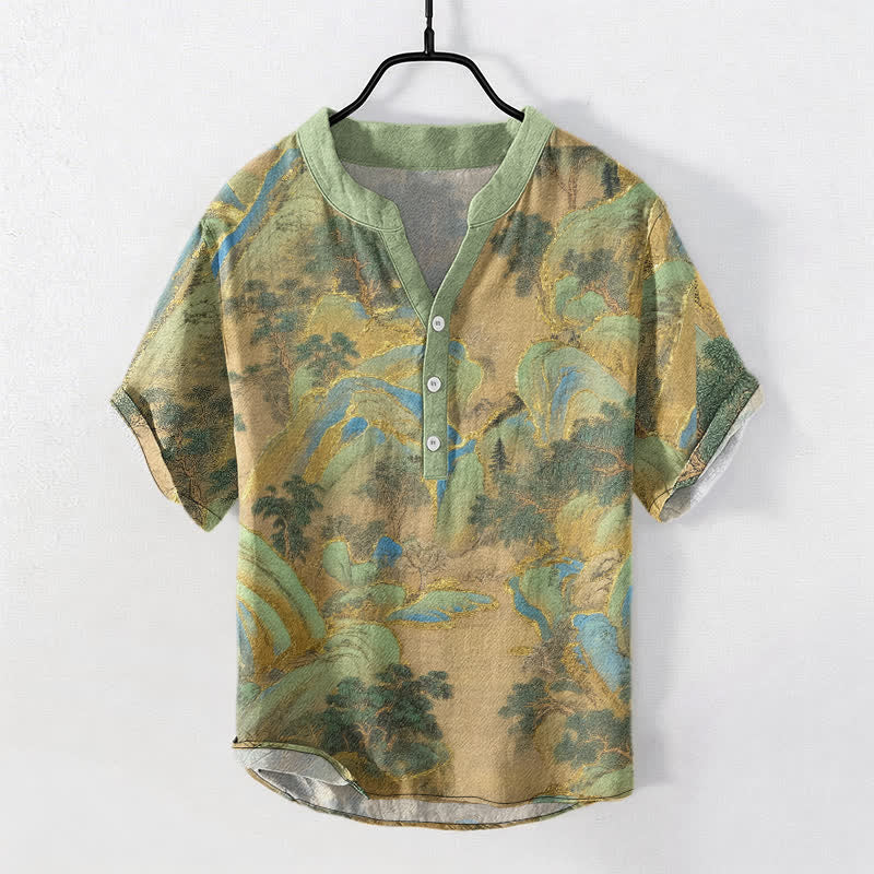 Buddha Stones Chemise à manches courtes et demi-boutonnée pour homme Cotton Mountain Emblem - Vert foncé - US/UK/AU50，EU60 (5XL) - image 0