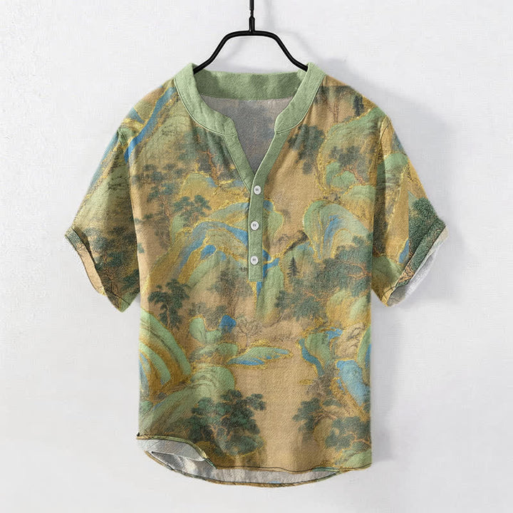 Buddha Stones Chemise à manches courtes et demi-boutonnée pour homme Cotton Mountain Emblem - Vert foncé - US/UK/AU50，EU60 (5XL) - image 0