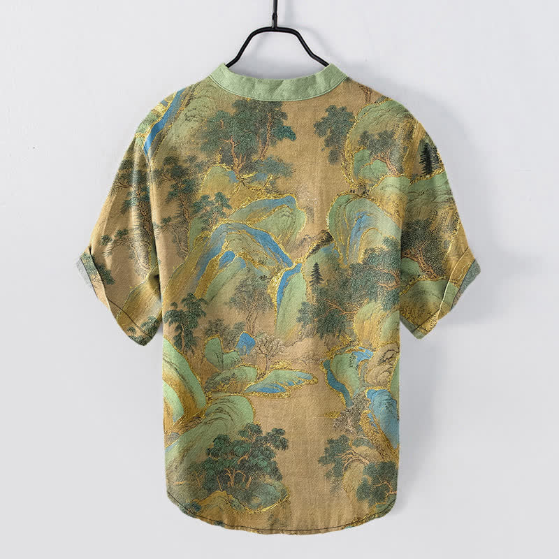 Buddha Stones Chemise à manches courtes et demi-boutonnée pour homme Cotton Mountain Emblem - image 1