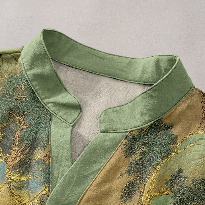 Buddha Stones Chemise à manches courtes et demi-boutonnée pour homme Cotton Mountain Emblem - image 2