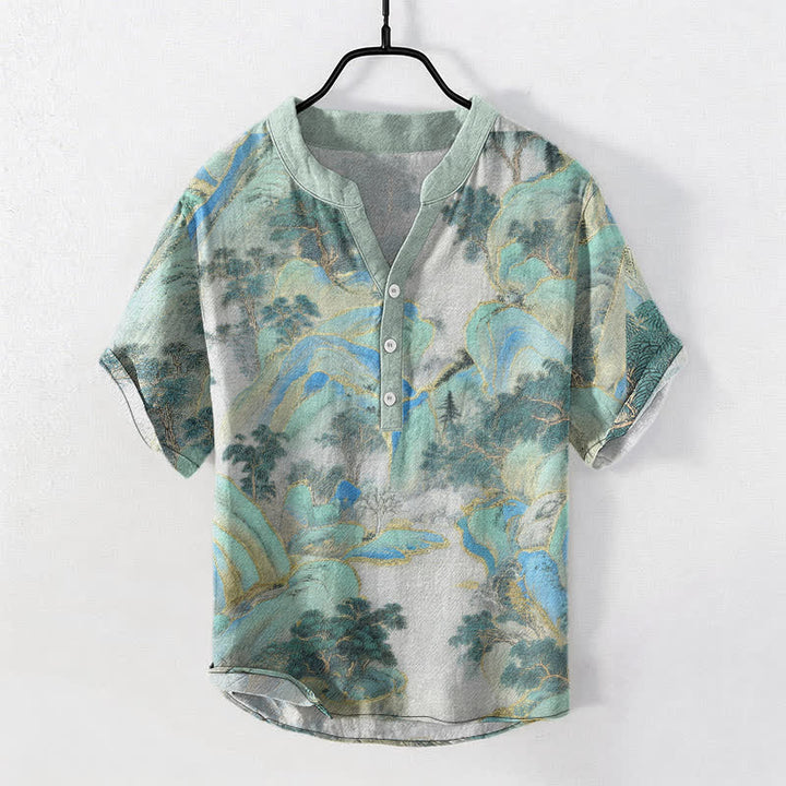 Buddha Stones Chemise à manches courtes et demi-boutonnée pour homme Cotton Mountain Emblem - Turquoise moyen - US/UK/AU50，EU60 (5XL) - image 5