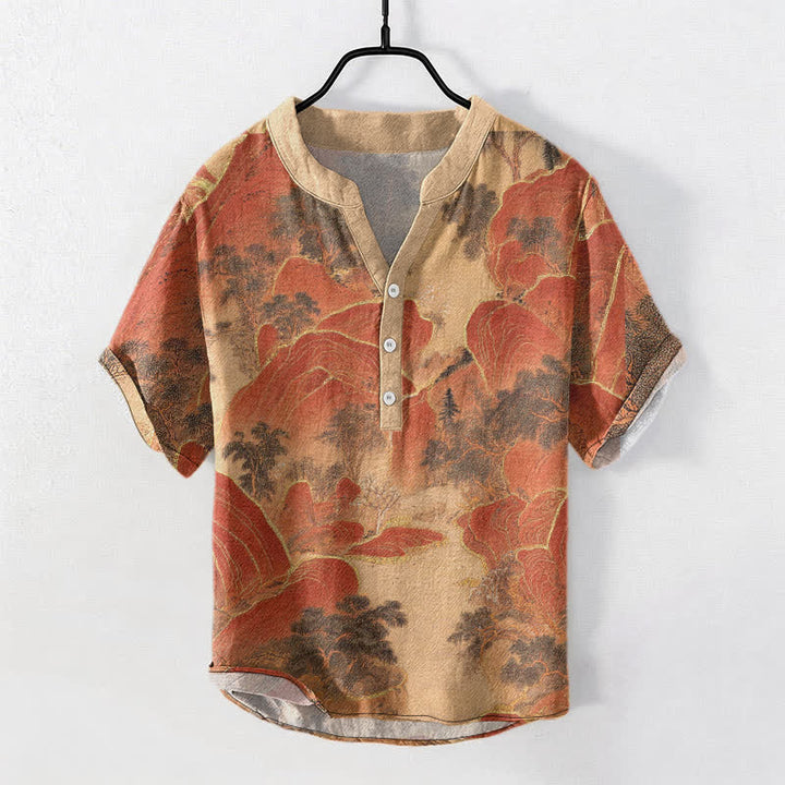 Buddha Stones Chemise à manches courtes et demi-boutonnée pour homme Cotton Mountain Emblem - OrangeRouge - US/UK/AU50，EU60 (5XL) - image 7