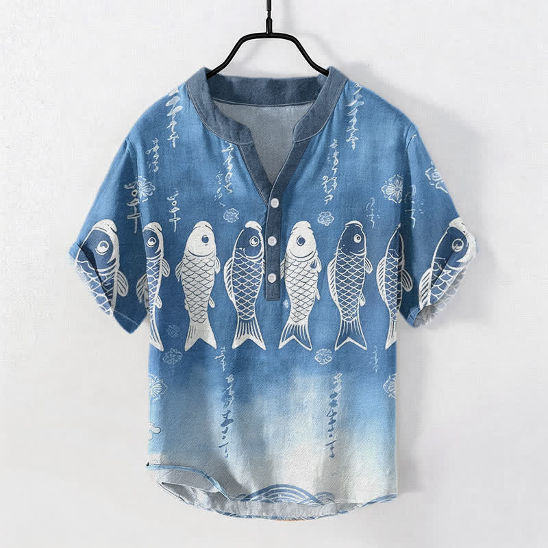 Buddha Stones Chemise à manches courtes et demi-boutonnée pour homme avec emblème de carpe koï en coton - SteelBlue - US/UK/AU50，EU60 (5XL) - image 0