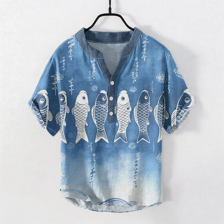 Buddha Stones Chemise à manches courtes et demi-boutonnée pour homme avec emblème de carpe koï en coton - SteelBlue - US/UK/AU50，EU60 (5XL) - image 0