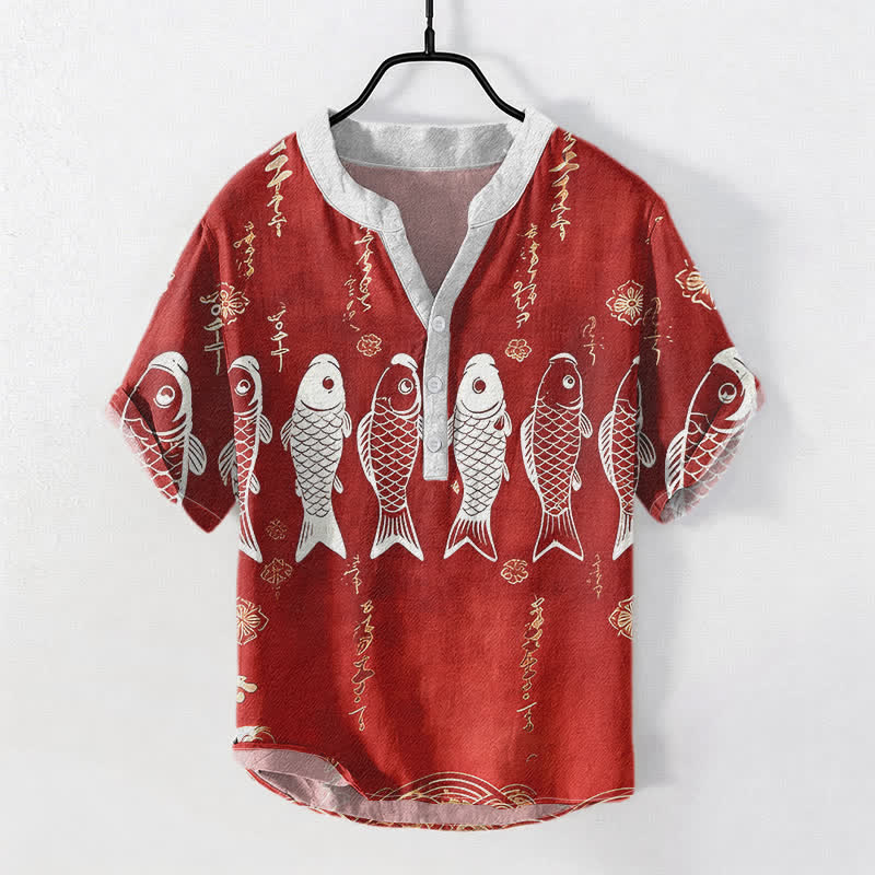 Buddha Stones Chemise à manches courtes et demi-boutonnée pour homme avec emblème de carpe koï en coton - FireBrick - US/UK/AU50，EU60 (5XL) - image 3