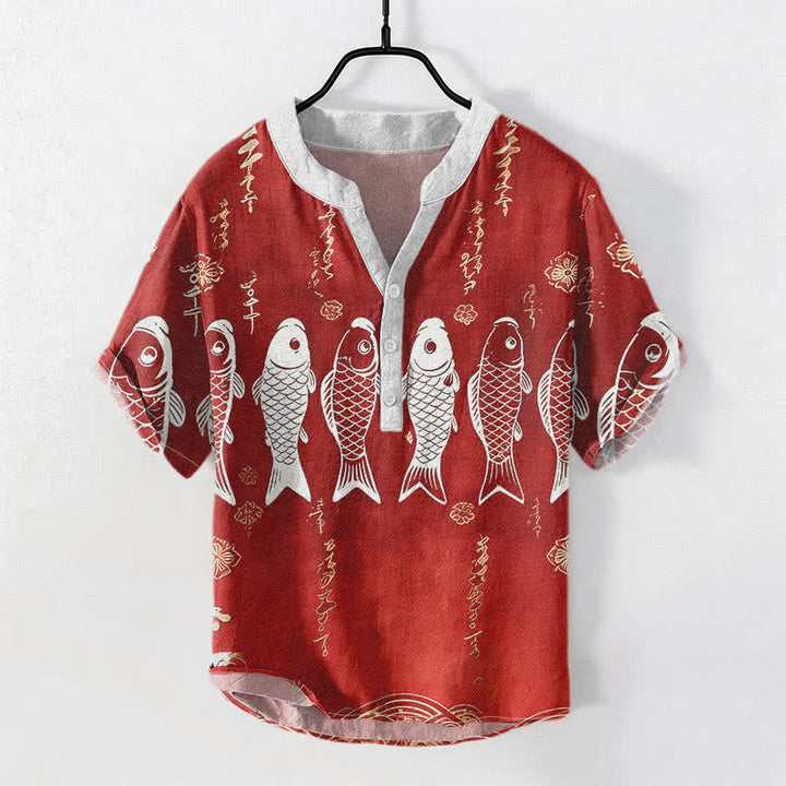 Buddha Stones Chemise à manches courtes et demi-boutonnée pour homme avec emblème de carpe koï en coton - FireBrick - US/UK/AU50，EU60 (5XL) - image 3