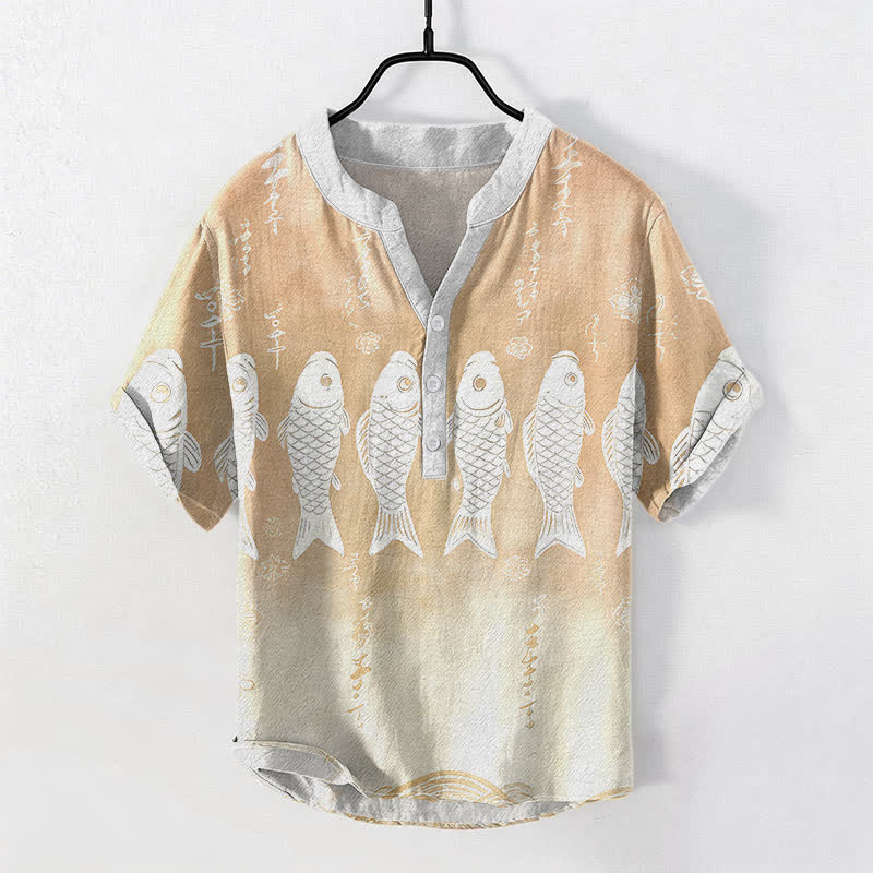 Buddha Stones Chemise à manches courtes et demi-boutonnée pour homme avec emblème de carpe koï en coton - Amandes blanchies - US/UK/AU50，EU60 (5XL) - image 5
