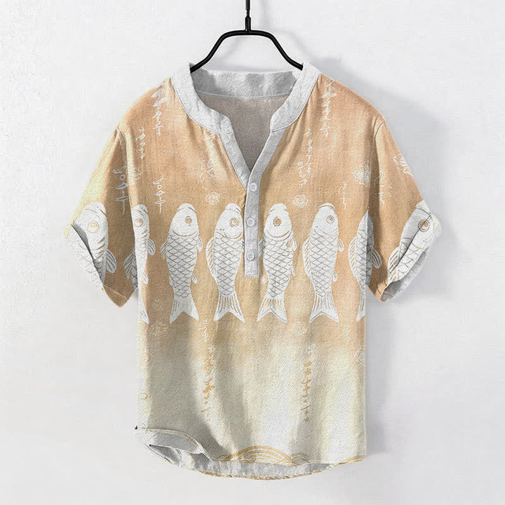 Buddha Stones Chemise à manches courtes et demi-boutonnée pour homme avec emblème de carpe koï en coton - Amandes blanchies - US/UK/AU50，EU60 (5XL) - image 5